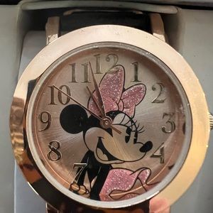 Disney MinnieMouse Analog Watch RoseGold Pink Glitter Black Band Adjustable NWT
